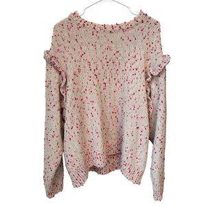 crown & ivy Cream Sweater with Pink Speckle and Ruffle Trim